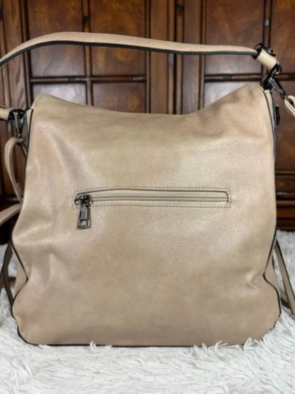 Taupe Tassel Pebble Texture Faux Leather Hobo Crossbody Shoulder Handbag